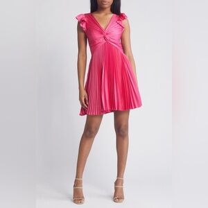MOON RIVER Pink Pleated Satin Mini Dress